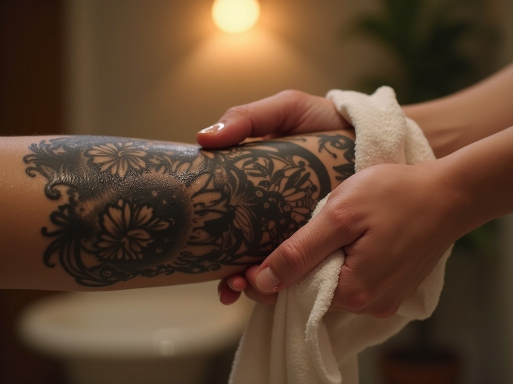 Anwendung: Waschlappen mit warmem Wasser wird auf das aufgelegte Tattoo gedrückt