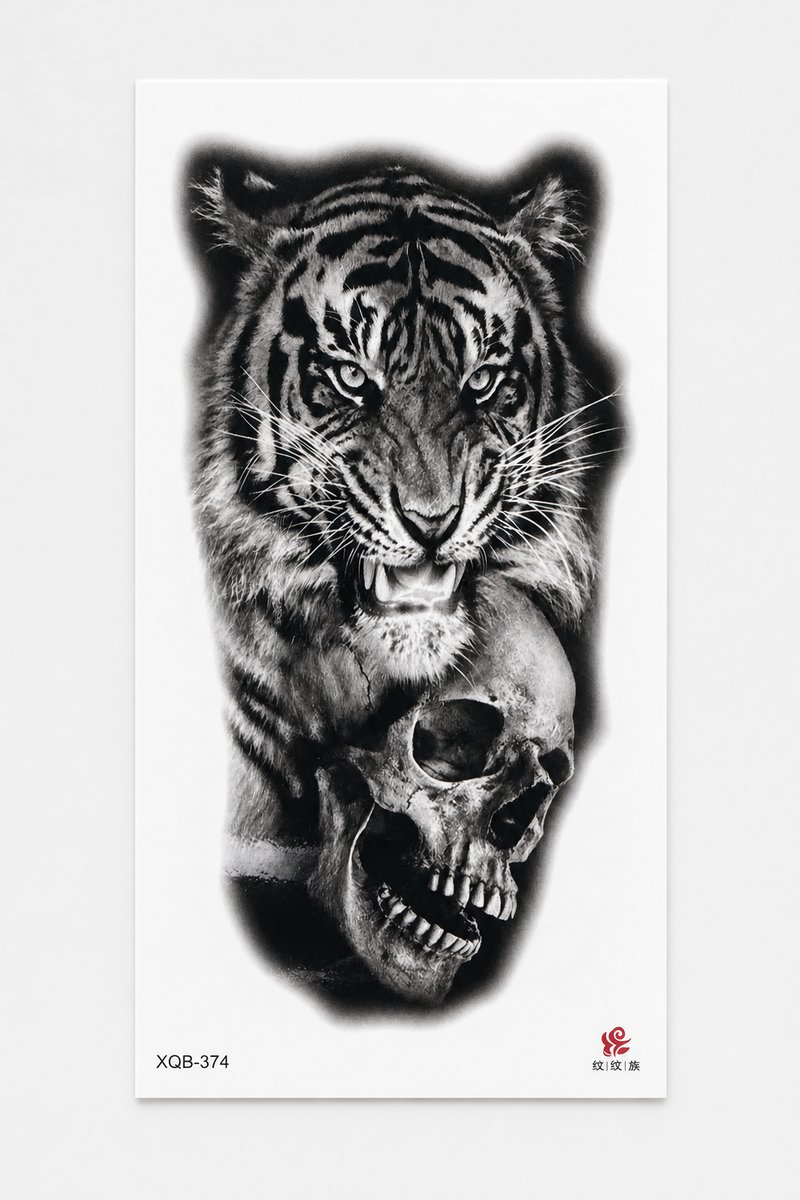Temp-Tattoo 20-05 „Tiger & Schädel" — Klein, ≈ 20 cm