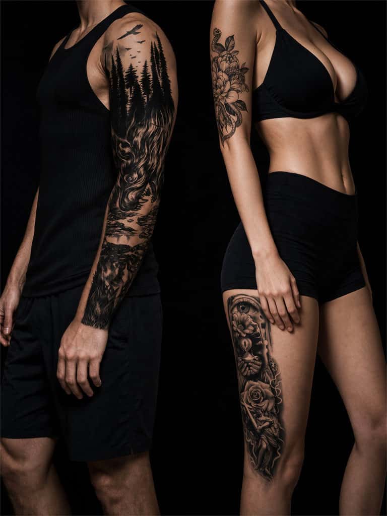 Mann mit Sleeve-Tattoo und Frau mit Blumen- und Oberschenkel-Tattoo — alle Motive zum Auflegen